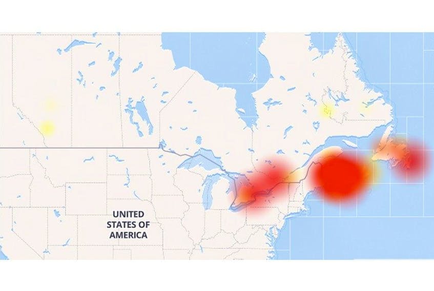 A map posted by canadianoutages.com shows the extent of outage reports across eastern Canada.