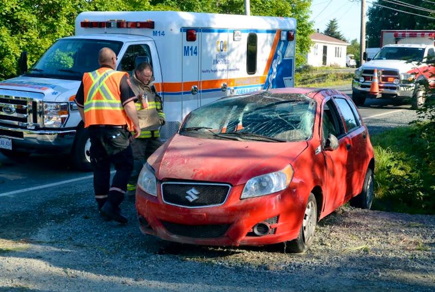 One woman was injured Sunday morning after the northbound car she was driving veered into a ditch, struck a concrete driveway culvert and overturned. 