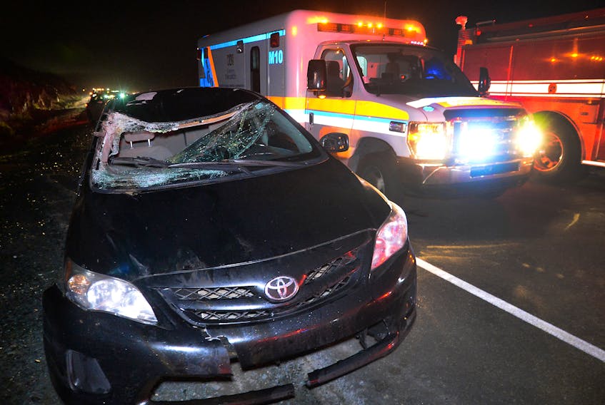 Two people were sent to hospital Monday night following a moose-vehicle collision in Manuels. Keith Gosse/The Telegram