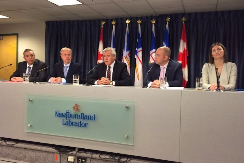 From left, Fisheries and Land Resources Minister Steve Crocker, Newfoundland and Labrador Federation of Agriculture president Merv Wiseman, Premier Dwight Ball, Newfoundland Aquaculture Industry Association executive director Mark Lane and Food First NL executive director Kristie Jameson, at a   news conference Tuesday to announce a Cabinet committee on jobs.