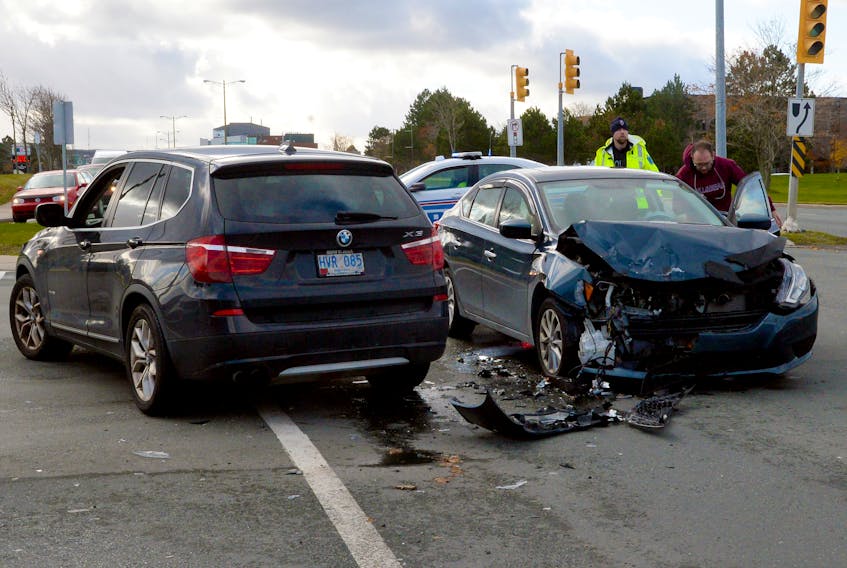 A child was taken to hospital following a two-vehicle collision at Allandale Road and the Prince Philip Parkway Saturday afternoon. Keith Gosse/The Telegram