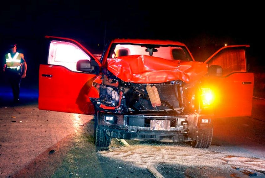 A moose-vehicle collision at 4 a.m. on Pitts Memorial Drive Friday morning caused extensive damage to a pickup. 