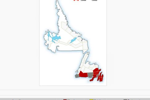 An Environment Canada map shows where winter storm warnings have been issued (red) for the Avalon,  Clarenville, Bonavista and Burin Peninsulas and Terra Nova region and a wind warning for Burgeo-Ramea. Blowing snow advisories (grey areas) have been issued for Burgeo-Ramea area, Connaigre region and Channel-Port-aux Basques.