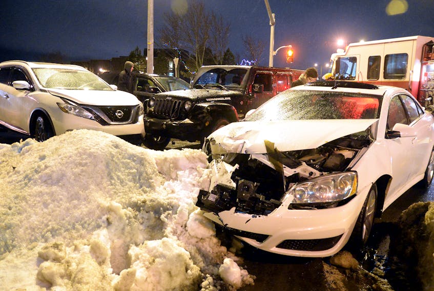One person was hospitalized following a four-vehicle collision at a notorious intersection in St. John's Saturday night.
