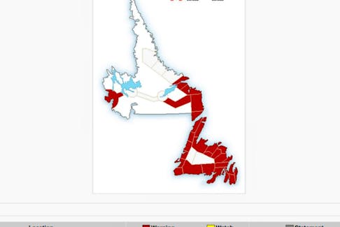 An Environment Canada weather map shows where weather warnings (in red) have been issued this morning for Newfoundland and Labrador.