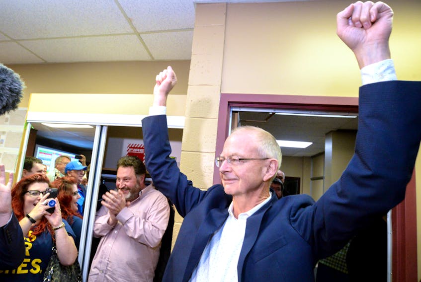 PC leader Ches Crosbie celebrates his win in the Windsor Lake by-election Thursday night. Keith Gosse/The Telegram