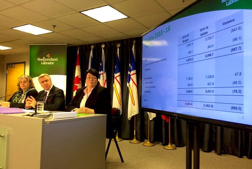 Deputy minister of finance Donna Brewer (from left), Premier Dwight Ball and Finance Minister Cathy Bennett look at a slide during the government's fiscal update today.