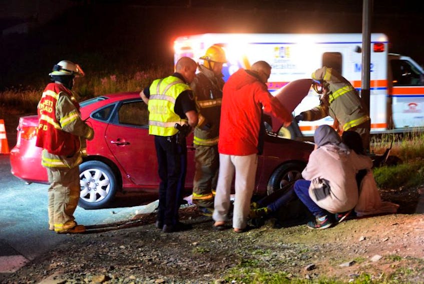 There were no serious injuries late Wednesday night after a car struck a traffic pole on Topsail Road in Paradise. 