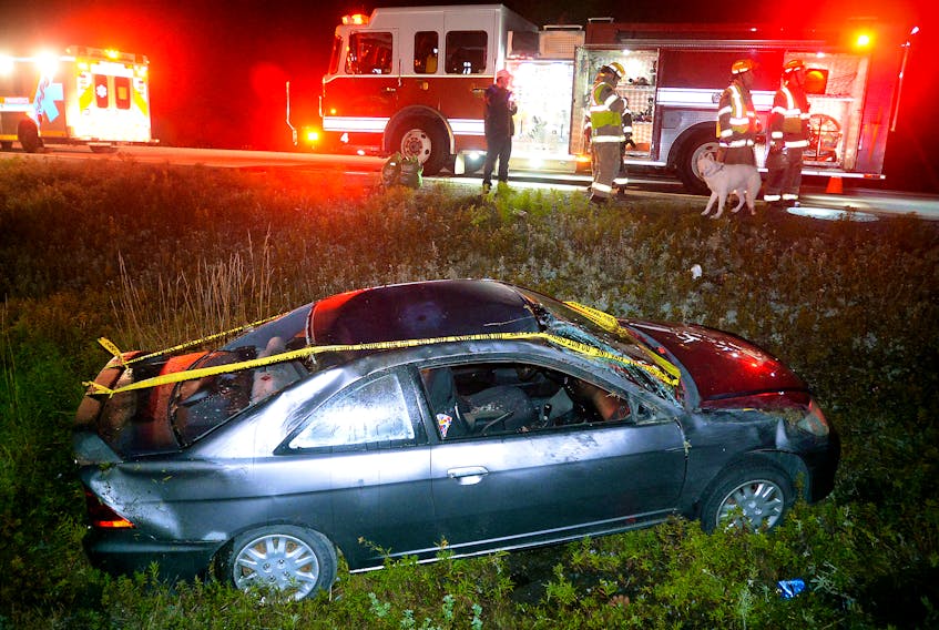 There were no serious injuries when this car left the T.C.H. Saturday night near St. John's. Keith Gosse/The Telegram