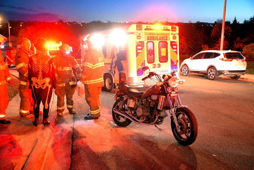 One man has been taken to hospital after he lost control of his motorcycle on Castors Drive in Mount Pearl Tuesday night.