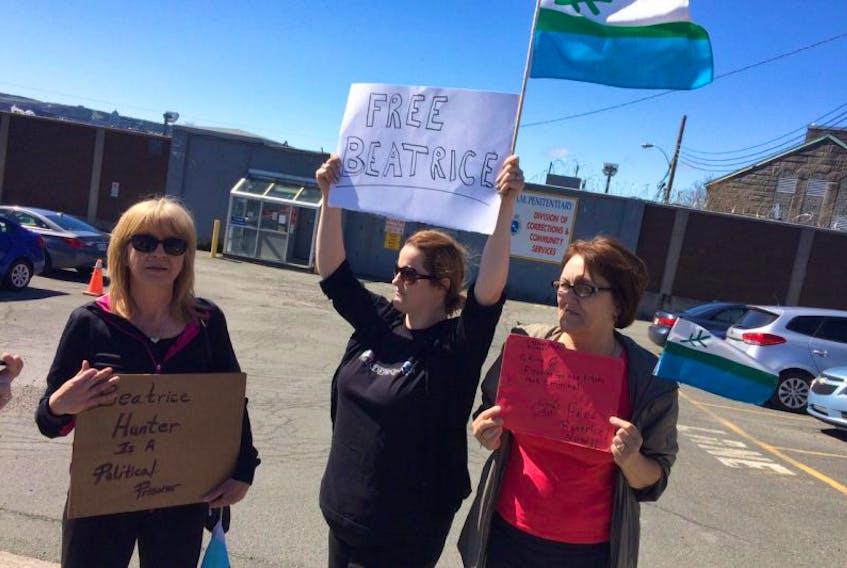 From left, Brenda Green, Jodi Greenleaves and Anne Hamel, are protesting outside Her Majesty’s Penitentiary for the release of Beatrice Hunter of Hopedale, a member of the Labrador Land Protectors. Hunter was remanded in custody earlier this week after she couldn’t assure a judge in Happy Valley-Goose Bay, that she would stay away from Muskrat Falls. She has had a court appearance stemming from last fall’s protest at the Muskrat Falls energy project.