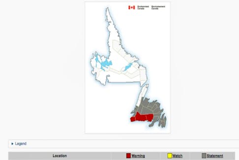 An Environment Canada map shows where special weather statements are in effect (grey areas) for all of Newfoundland due to a low-pressure system expected to bring snow to the region tonight into Friday. Weather warnings (red areas) are in effect for snofall up to 25 cm in the Connaigre, Burgeo and Ramea regions and wind warnings for the Wreckhouse and Channel-Port aux Basques region.