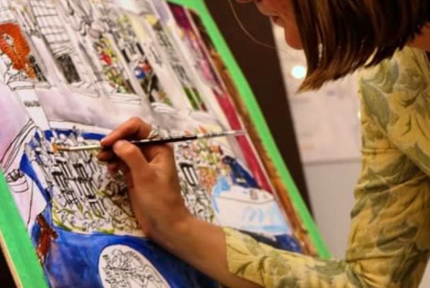 “Hand-Drawn Halifax” illustrator Emma Fitzgerald executed a live illustration of the room during the opening reception of East Bound at Halifax City Hall Wednesday evening.