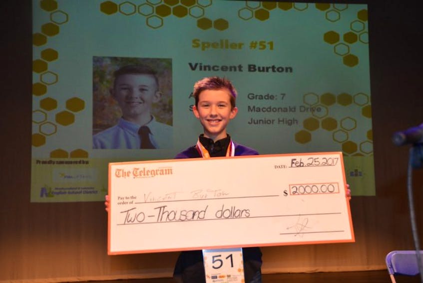 Vincent Burton, a Grade 7 student at Macdonald Drive Junior High, is the winner of this year’s Telegram Spelling Bee. 