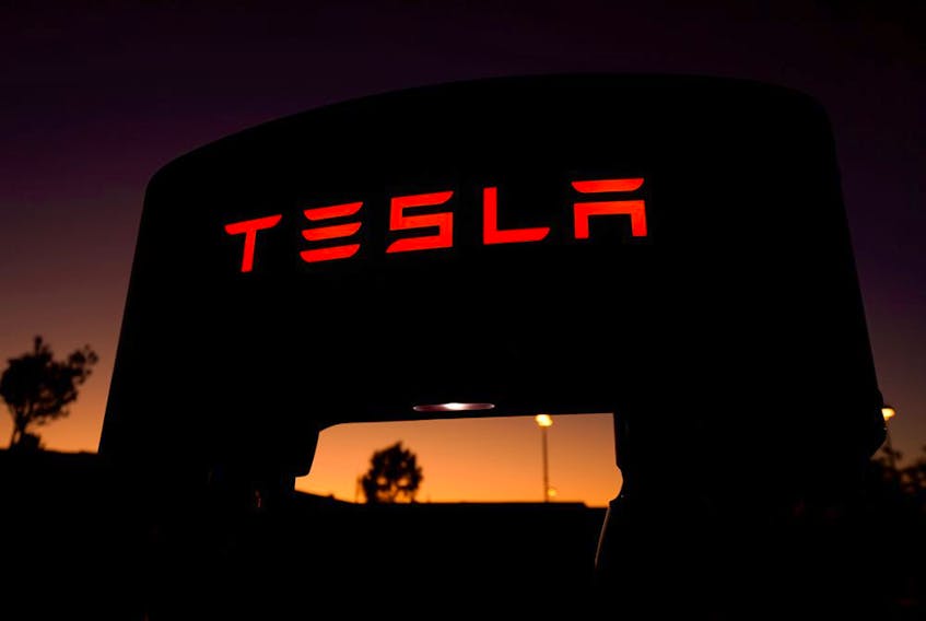 A Tesla supercharger is shown at a charging station in Santa Clarita, California, in 2019.