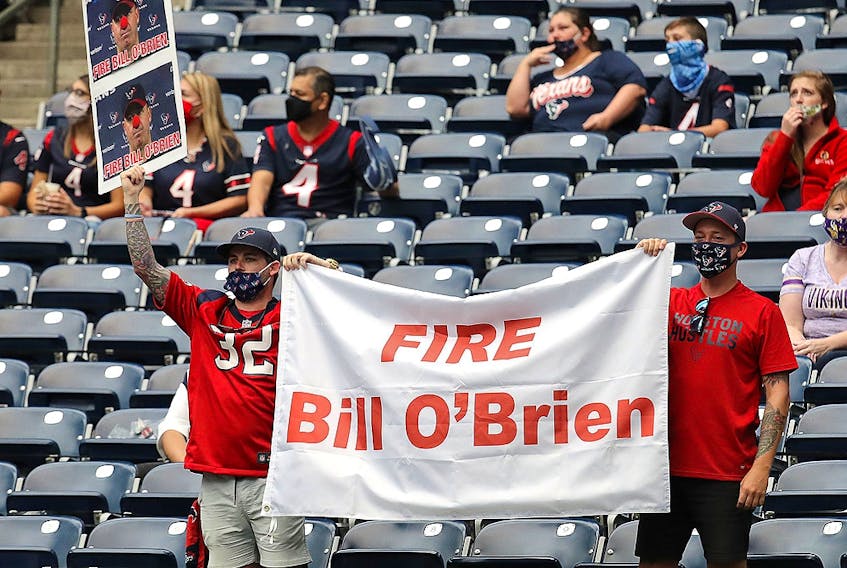 Houston Texans fans show their displeasure with head coach Bill O'Brien at NRG Stadium on October 4, 2020 in Houston. 