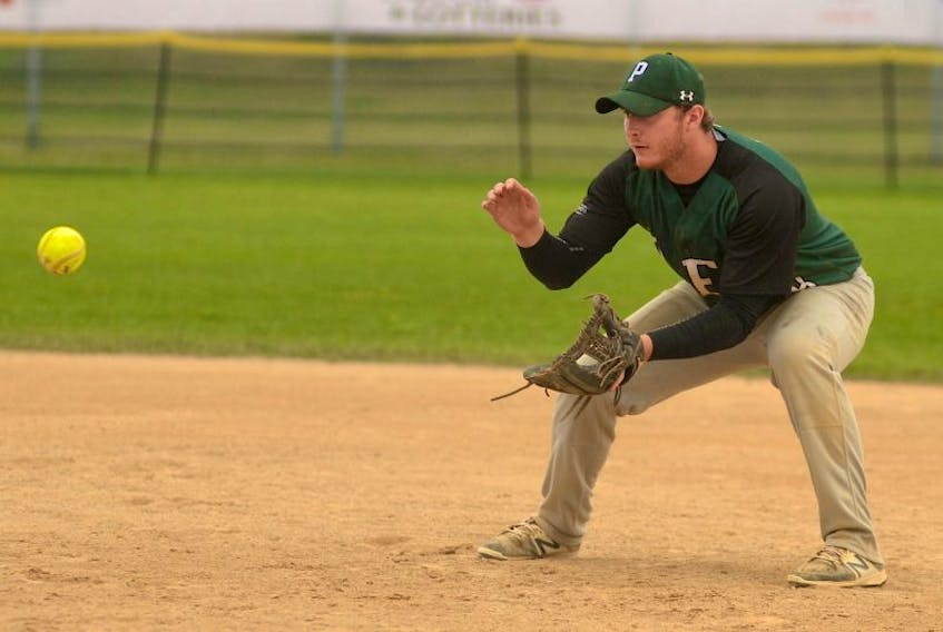 Team P.E.I. second baseman Matt Lange gets ready to field a ground ball Wednesday at the Canada Games softball competition.