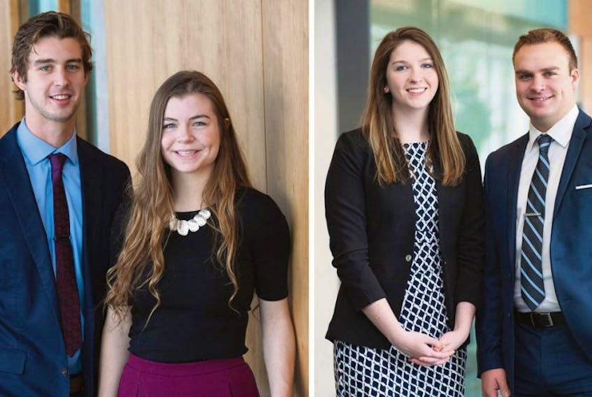 UPEI business students Cullen Mullally and Hannah Dawson, left photo, took first place in the marketing division at the Inter-Collegiate Business Competition (ICBC) at Queens University in Kingston, Ont. while Kate Kinsman and Harrison Wood took third place in the ethics division.