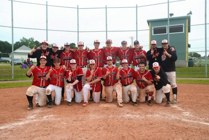 Summerside Team One Chevys won the Atlantic midget AA baseball championship Sunday in Stratford. Team members, first row, from left, are Kyle Richard, Isaac Compton, Alex Acorn, Morgan Crosman, Brandon Condon, Justin Day, Elijah Hood and coach Colin Loerick. Second row, manager Harrison Ramsay, coach Tristan Gallant, Dawson McCormack, Dakota McPhee, Ben MacDougall, Josh Myers, Brett Caissie, Connor Jones and coaches Sam Cameron and Chasse Gallant. Missing are Daniel Upshall and Emmalee Chaulker.