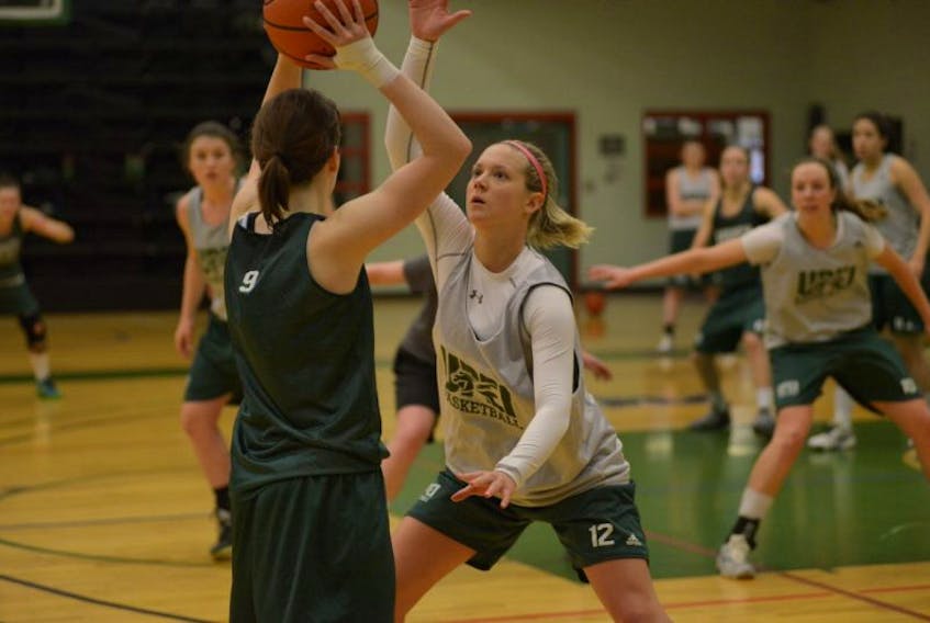 UPEI Panthers forward Jane McLaughlin, right, guards Victoria Barbour during Tuesday’s practice.