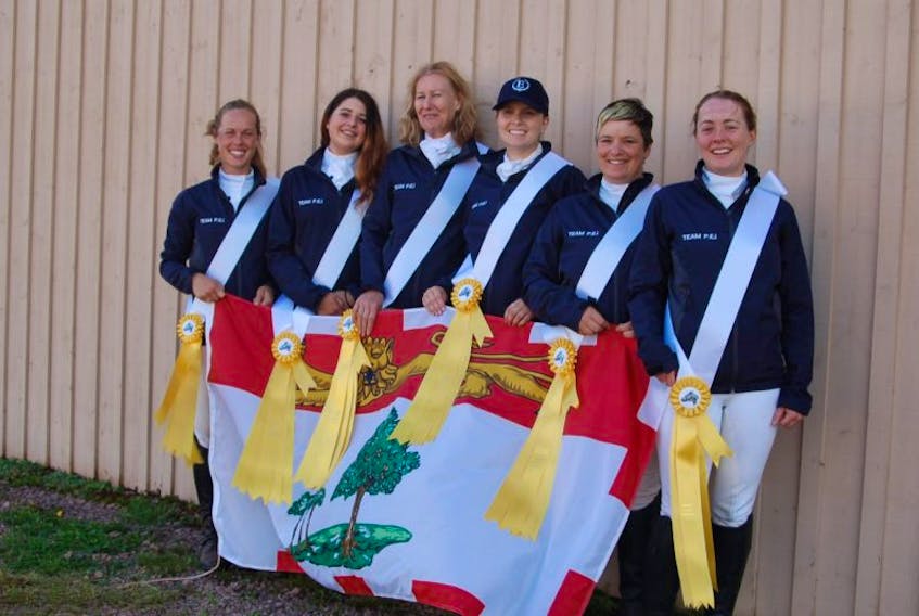 Team P.E.I., from left, Pearl MacGregor, Zowie Johnston, Janet Ferguson, Haley Greenbank, Michelle Smith and Kerry O’Connor were victorious at the Atlantic Canada Dressage Championship recently in Crapaud.