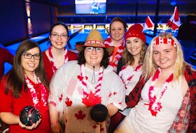 Teammates from the Holland College business administration program, from left, Nickie Walton, Sarah Martin, Tara McGuirk, Katlyn O’Brien, Helena Stewart and Mariah Getson get ready to bowl some strikes during the Bowl for Kids Sake event at Murphy’s Community Centre in Charlottetown this weekend. The event raises funds for Big Brothers Big Sisters P.E.I.
