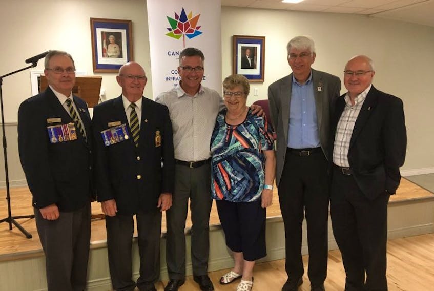 From left, president Alan Crane and Eric MacArthur with the Kingston Legion, join Cornwall MLA Heath MacDonald, Cornwall councillors Irene Larkin and Peter Meggs, and Malpeque MP Wayne Easter at an announcement in Kingston Thursday, July 6.