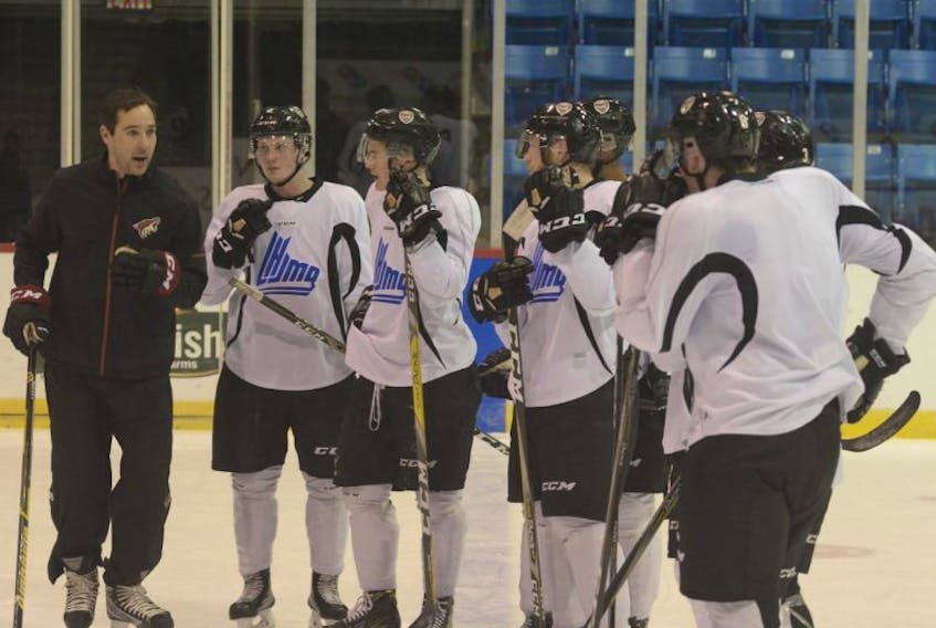 Charlottetown Islanders defencemen listen to Alex Henry during Wednesday’s practice. Henry, a player development coach with the Arizona Coyotes, was in town to work with first-round pick Pierre-Olivier (P.O.) Joseph and helped out with practice.