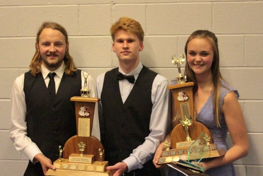 Colonel Gray High School handed out its year-end athletic awards Wednesday night. From left are Alex Campbell and Matt Connolly, co male athletes of the year; and Sarah Murphy, female athlete of the year. See B4 for a list of the award winners.