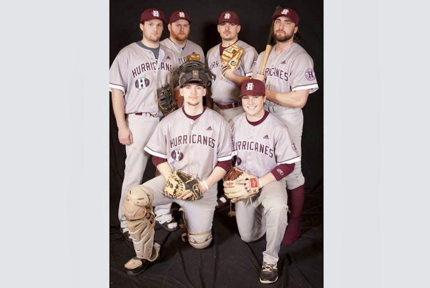 The Holland College Hurricanes begin the baseball season on Saturday. Team members include, front row,  Jesse Holman, left, and Ryne MacIsaac. Second row, Kyle Donahoe, Porter Smith, Colton Beach and Josh McDonald.