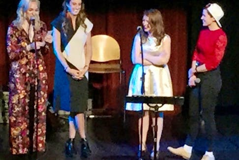 Kinley, left, is shown with producers of her Microphone video, Ellen Egan, Jenna MacMillan and Maria Campbell at Florence Simmons Performance Hall on June 2.