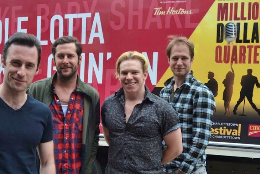 Cast members of “Million Dollar Quartet” take a break from rehearsals for the story-and-song musical that previews June 14 and opens June 16 at the Homburg Theatre of the Confederation Centre of the Arts. Showtime is 8 p.m. From left are Greg Gale (Johnny Cash), Edward Murphy (Carl Perkins), Jefferson McDonald (Jerry Lee Lewis) and Matthew Lawrence (Elvis). Missing from photo are Alicia Toner (Dyanne), and Stephen Guy-McGrath (Sam Phillips).