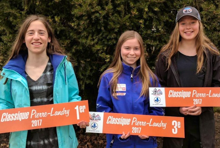 The P.E.I. Alpine Ski Team had a strong 2017 season, including the under-14 girls who had each medalled at Val-d'Irene in Amqui, Que. From left are Katie Douglas, first in dual slalom; Macy Cudmore, third in slalom; and Sophie Peterson, second in dual slalom.