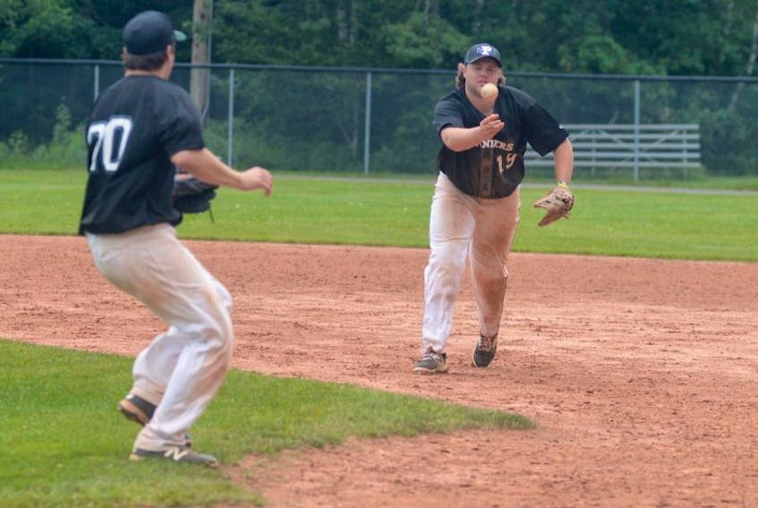 P.E.I. Junior Islanders first baseman Brandon Watts, right, tosses to pitcher Johnny Arsenault during Saturday's contest at Memorial Field. Watts had a big day Sunday in Summerside with five hits in two games