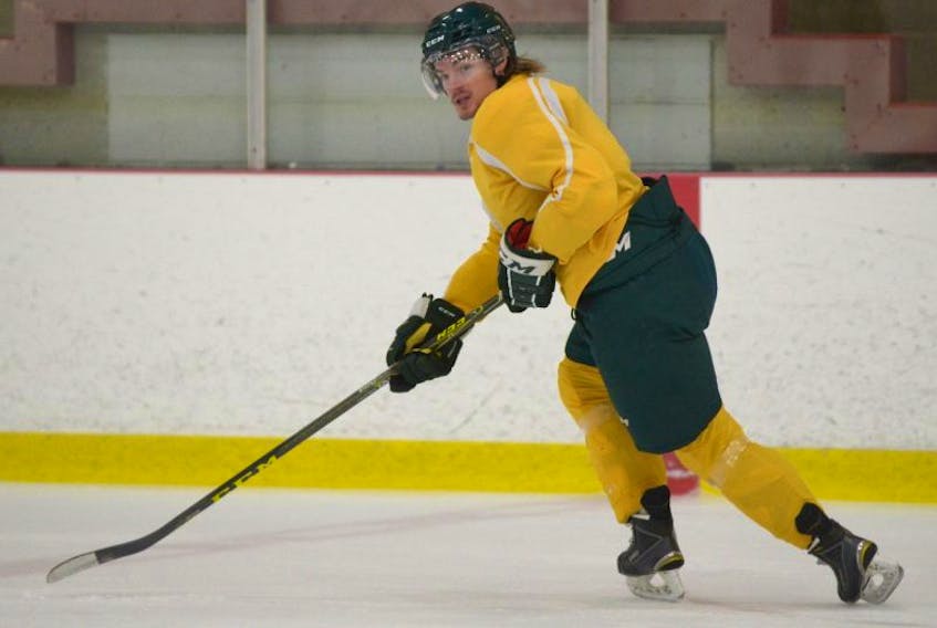 UPEI Panthers forward Beau McCue prepares to take a pass during Tuesday’s practice.