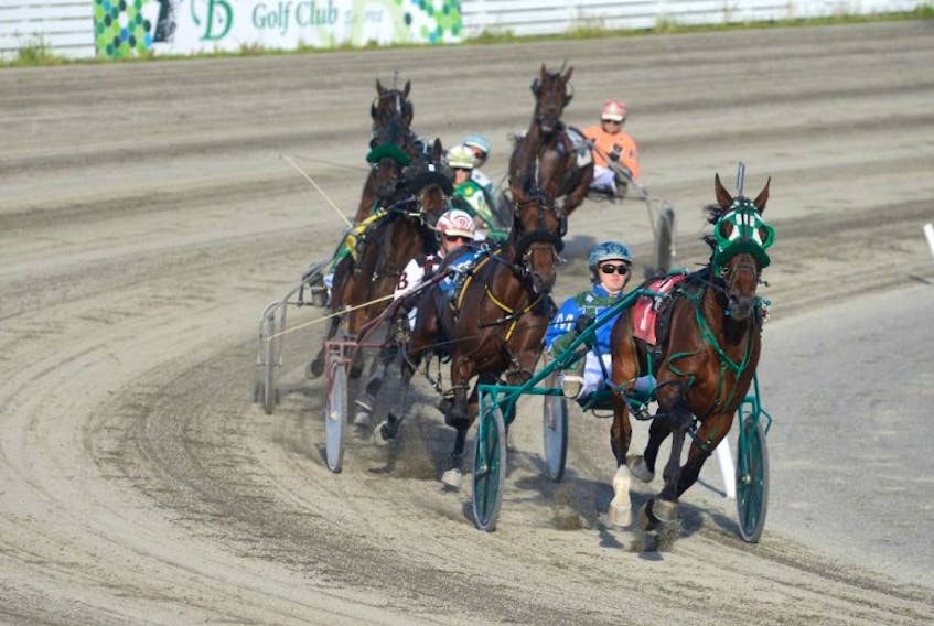 Tobinator, with Corey MacPherson in the bike, leads the field around the turn Saturday at Red Shores at the Charlottetown Driving Park.