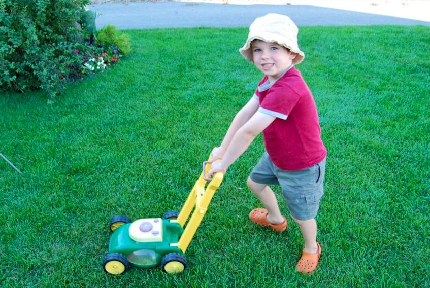 This youngster ‘mows’ real grass with a toy lawn mower.