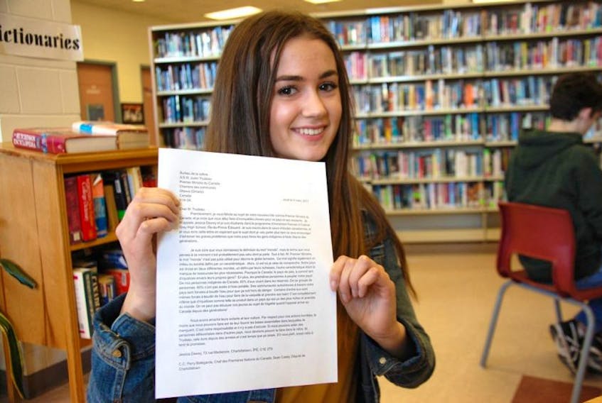 Jess Dewey, a Grade 10 student at Colonel Gray high school, was one of 54 history students to write a letter to Prime Minister Justin Trudeau raising their concerns over the poor conditions endured by First Nations people in Canada.