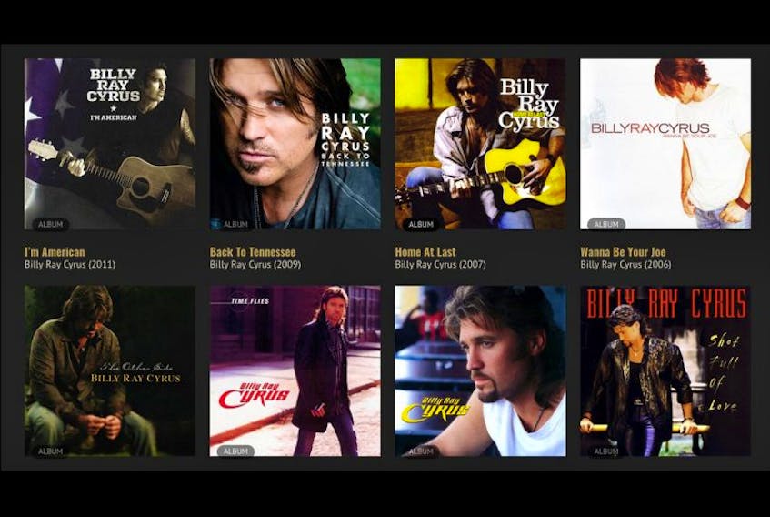 A screen photo from the discography portion of Billy Ray Cyrus's official web site.