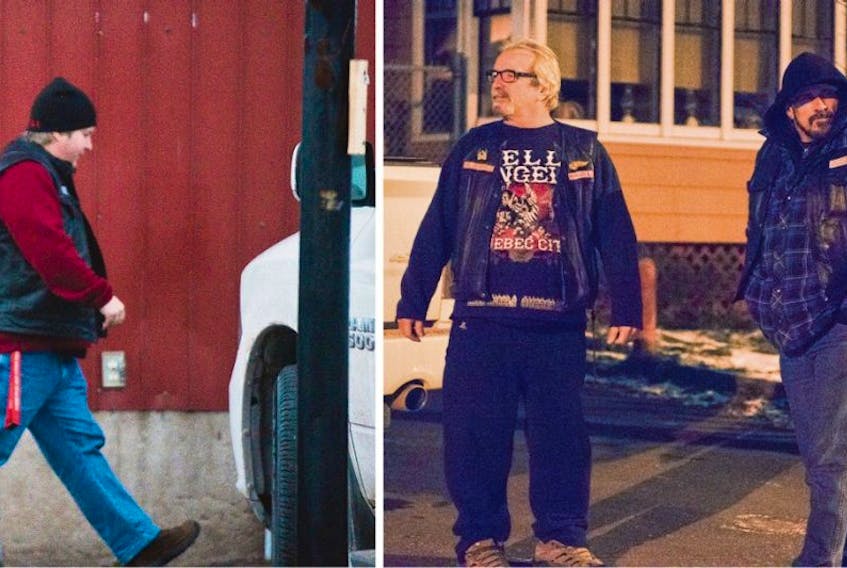A member of the Villains motorcycle club in Summerside, left, heads to the clubhouse in Charlottetown for the gathering Saturday night. In right photo two bikers, one who was wearing a shirt under his jacket with the Hells Angels Quebec City crest on it, leave the party. They were both wearing Nomads of New Brunswick tags on their jackets.