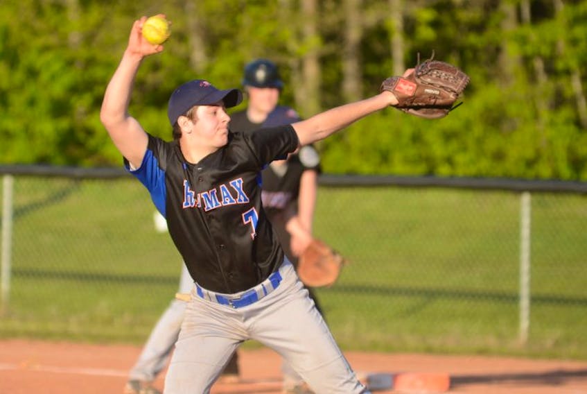 Jonathan Arsenault, of the Kevin Quinn Re/Max Ravens throws a pitch, during Thursday’s action in the P.E.I. Senior Men’s Fastball League at Memorial Field. The Ravens will represent Prince Edward Island at the Canada Games this summer in Winnipeg.