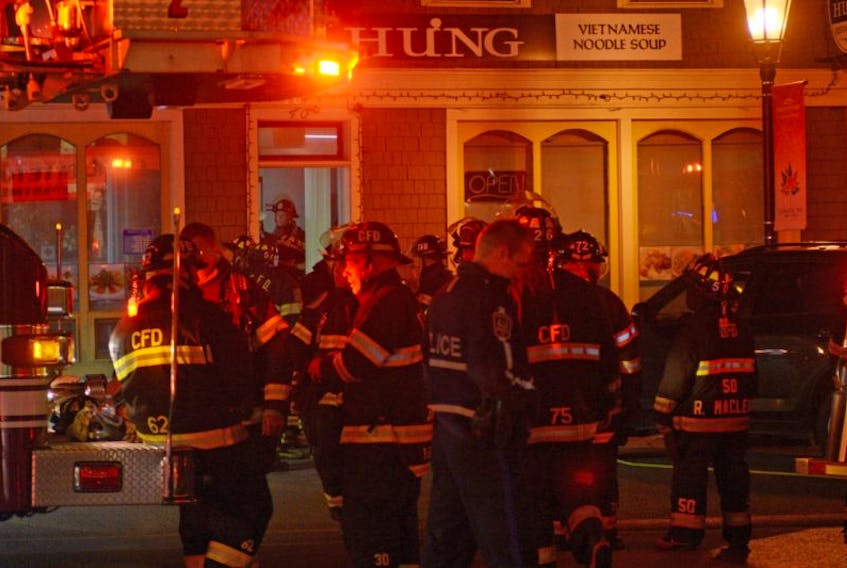 Charlottetown firefighters respond to a fire in the basement of the Pho Hung restaurant on Queen Street Monday. Firefighters were already in their gear doing routine Monday night training when the call came in, with members being able to keep the fire from spreading partially due to their quick arrival.