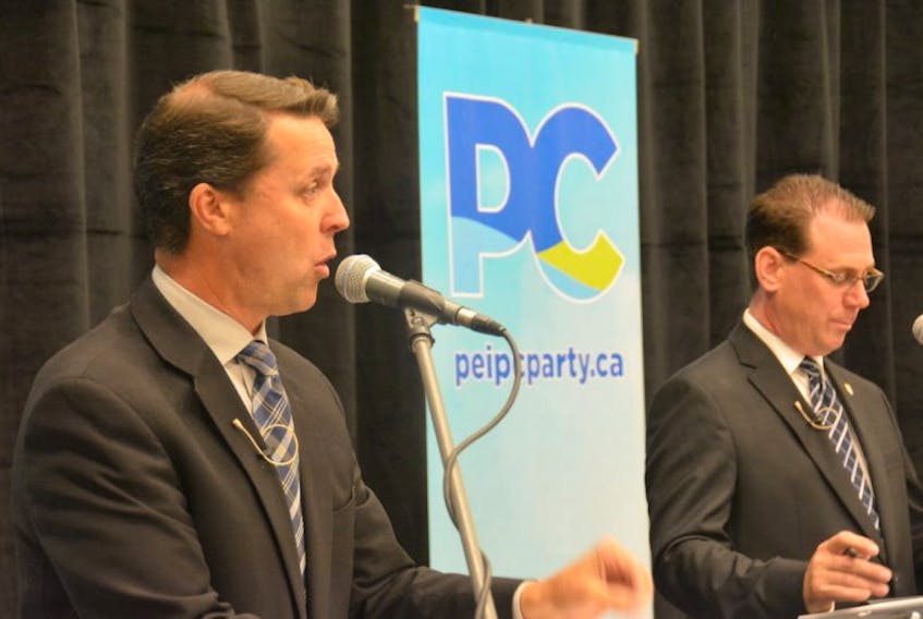 Rustico-Emerald MLA Brad Trivers, left, and Stratford-Kinlock MLA James Aylward took part in the first P.E.I. Progressive Conservative leadership forum Tuesday in Summerside.