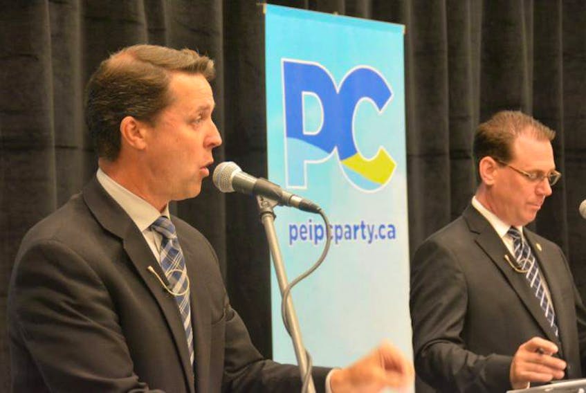 MLAs Brad Trivers, left, and James Aylward take part in a recent leadership forum in Summerside. Both are seeking the leadership of the Progressive Conservative Party of Prince Edward Island.
(Journal-Pioneer photo)