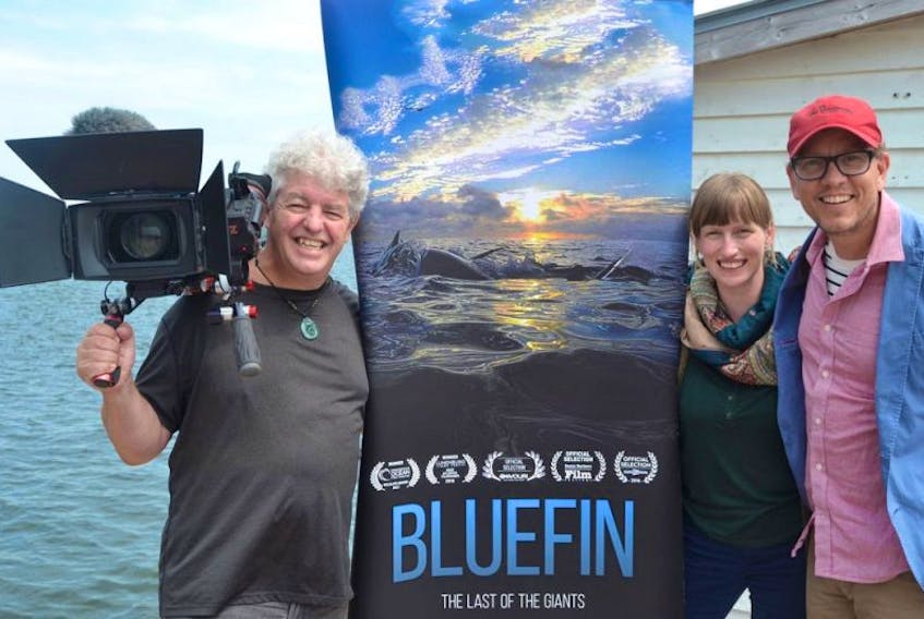 Director John Hopkins, left, with Colin Stanfield and Becka Viau, members of the P.E.I. Fest team, prior to the screening of his film, “Bluefin” at the Florence Simmons Performance Hall.