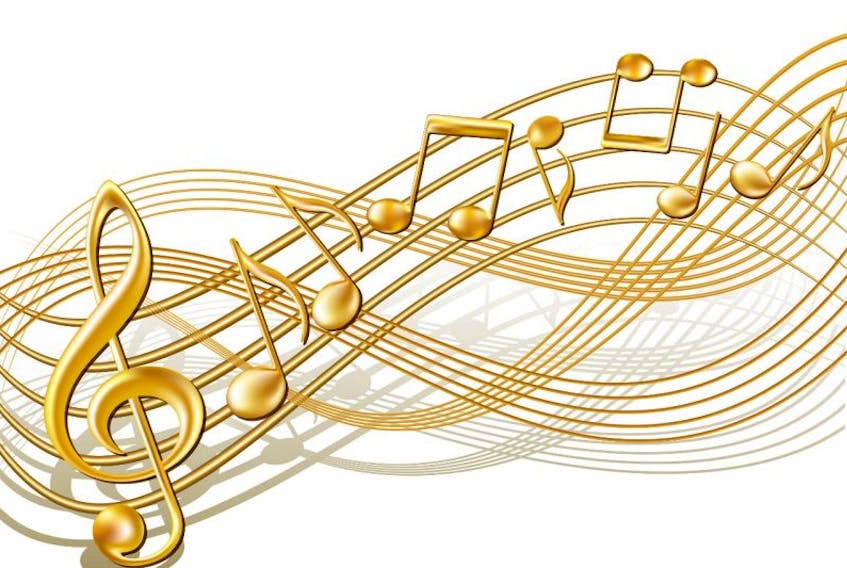 Gold musical notes staff background on white. Vector illustration.