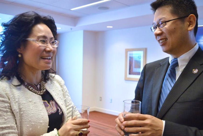 Winnie Liao, left, and Ricky Liu chat before the opening ceremony of the P.E.I. Immigration Entrepreneurship Foundation at The Holman Grand Hotel Friday (April 7). Liu, chairman of the organization, hopes to help fellow immigrants settle on P.E.I. by helping them find viable industries in the province to invest in.
