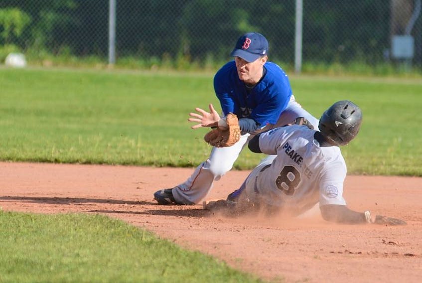 Charlottetown Jays second baseman Mark Rooney takes the throw as Peakes Tee Bombers leadoff hitter Colin Myers steals second during Kings County Baseball League action Wednesday at Memorial Field.