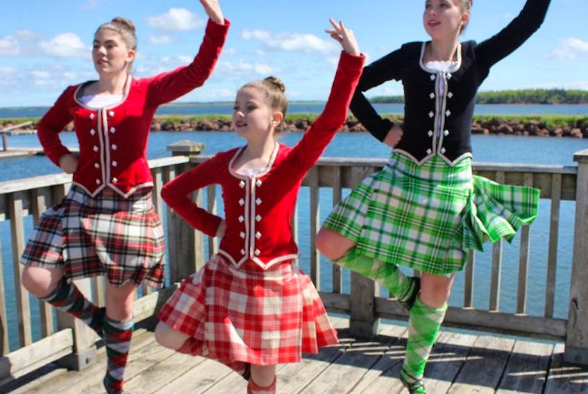 Charlie MacLaren, left Leanne Yorke and Alysha Trenholm practice for the Canadian Highland Dancing/ScotDance Canada Open Championships taking place in Charlottetown next week. They are members of the P.E.I. team. Missing from photo are Bethany Pineau, Sherra Rogers, Laura Johnston and Shelby Lynne Dalziel.