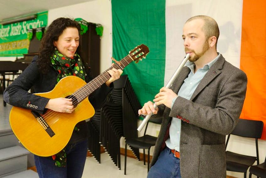 Mary MacGillivary, left, and Dr. Cián Ó Mórain play a song during the Benevolent Irish Society’s St. Patrick’s dinner last weekend, shortly before Ó Mórain’s guest speech. Ó Mórain moved to P.E.I. from County Kerry, Ireland about a year and a half ago. The couple is opening the folk music shop, Brìgh, at 93 Water St. today. Tentative hours for the Charlottetown shop will be 10 a.m. to 5 p.m. on Mondays to Saturdays and 12 p.m. to 5 p.m. on Sundays.